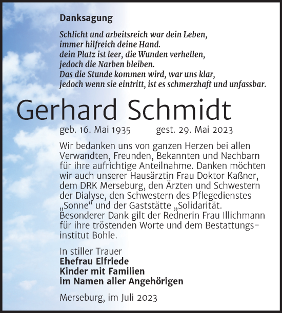 Traueranzeige von Gerhard Schmidt von Trauerkombi Merseburg
