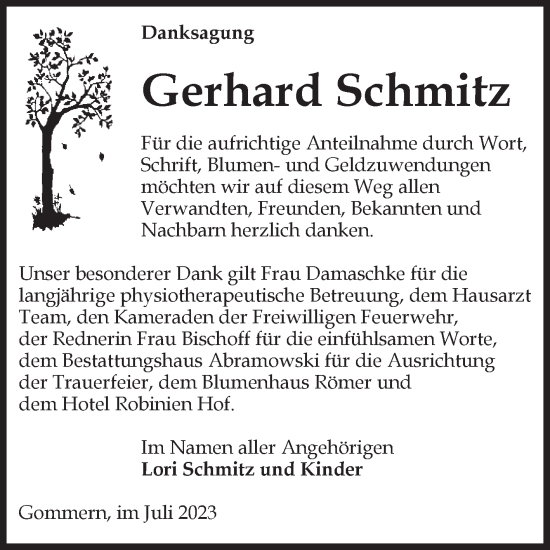 Traueranzeige von Gerhard Schmitz von Volksstimme Burg/Genthin
