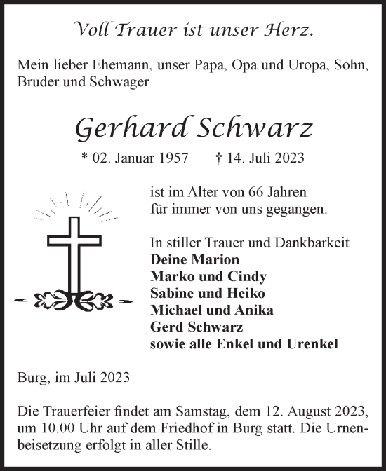 Traueranzeige von Gerhard Schwarz von Volksstimme Burg/Genthin