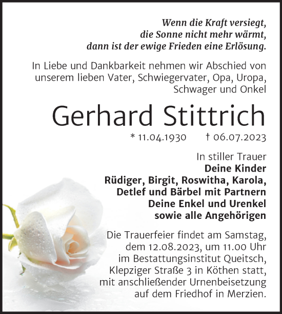 Traueranzeige von Gerhard Stittrich von Trauerkombi Köthen