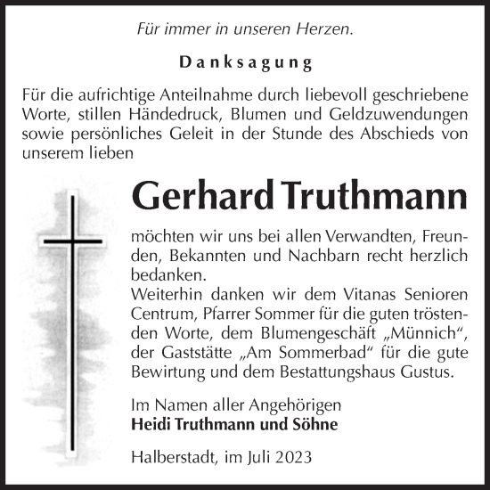 Traueranzeige von Gerhard Truthmann von Volksstimme Halberstadt