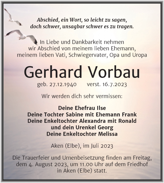 Traueranzeige von Gerhard Vorbau von Trauerkombi Köthen