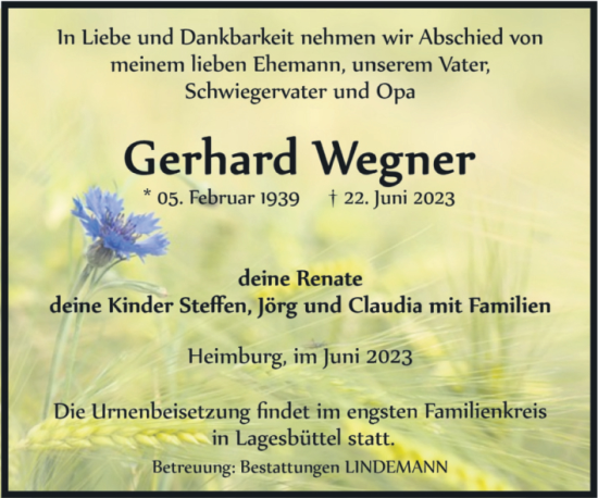 Traueranzeige von Gerhard Wegner von Volksstimme Oschersleben/Wanzleben