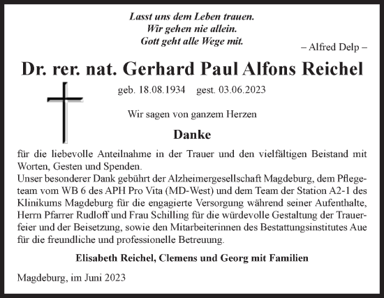 Traueranzeige von Gerhard Paul Alfons Reichel von Volksstimme Magdeburg