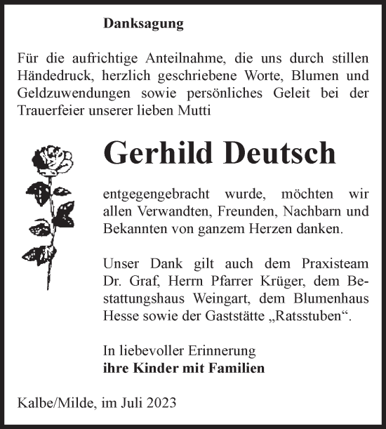 Traueranzeige von Gerhild Deutsch von Volksstimme Altmark West