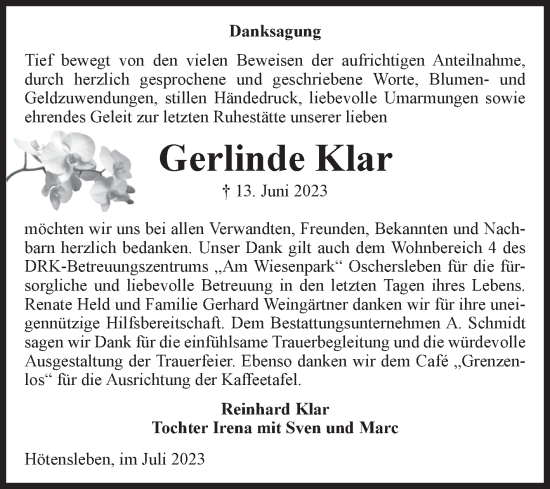 Traueranzeige von Gerlinde Klar von Volksstimme Oschersleben/Wanzleben