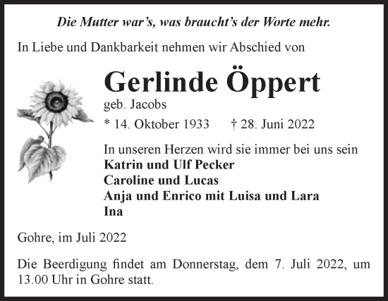 Traueranzeige von Gerlinde Öppert 
