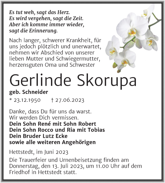 Traueranzeige von Gerlinde Skorupa von Trauerkombi Sangerhausen