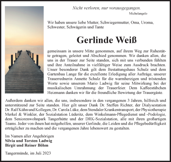 Traueranzeige von Gerlinde Weiß von Volksstimme Altmark Ost