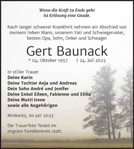 Traueranzeige von Gert Baunack von Trauerkombi Zeitz