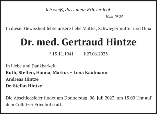 Traueranzeige von Gertraud Hintze von Volksstimme Haldensleben/Wolmirstedt