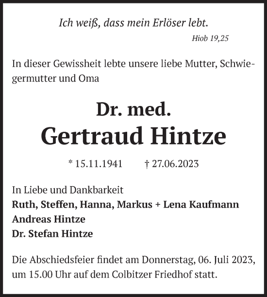 Traueranzeige von Gertraud Hintze von Volksstimme Burg/Genthin