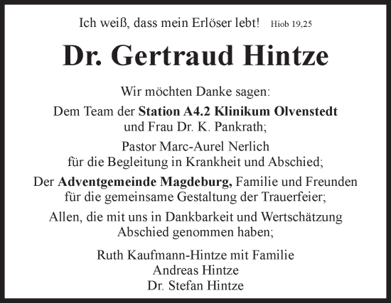 Traueranzeige von Gertraud Hintze von Volksstimme Magdeburg