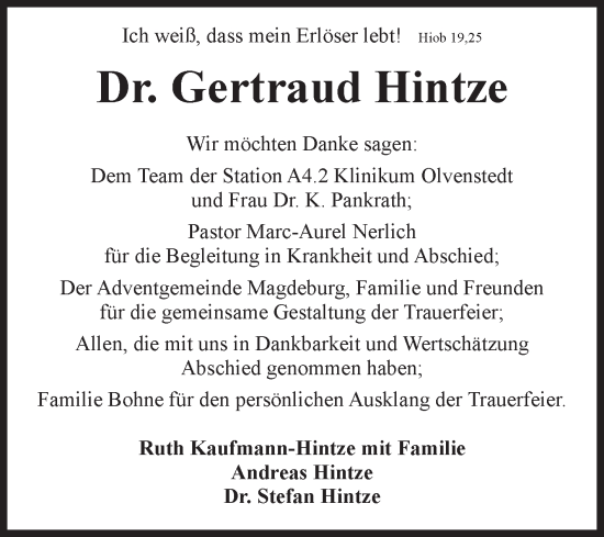 Traueranzeige von Gertraud Hintze von Volksstimme Haldensleben/Wolmirstedt