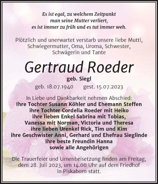 Traueranzeige von Gertraud Roeder von Trauerkombi Mansfelder Land