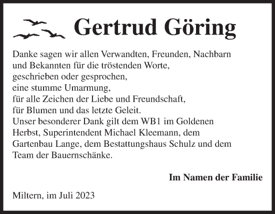Traueranzeige von Gertrud Göring von Volksstimme Altmark Ost