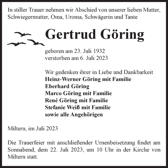 Traueranzeige von Gertrud Göring von Volksstimme Altmark Ost