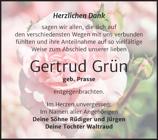 Traueranzeige von Gertrud Grün von Trauerkombi Weißenfels