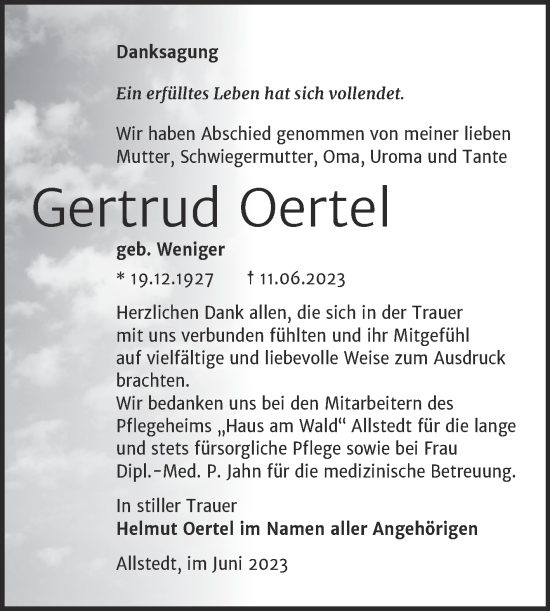 Traueranzeige von Gertrud Oertel von Trauerkombi Sangerhausen