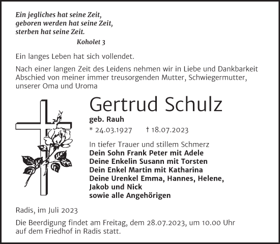 Traueranzeige von Gertrud Schulz von Trauerkombi Wittenberg