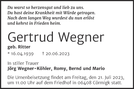 Traueranzeige von Gertrud Wegner von Trauerkombi Köthen