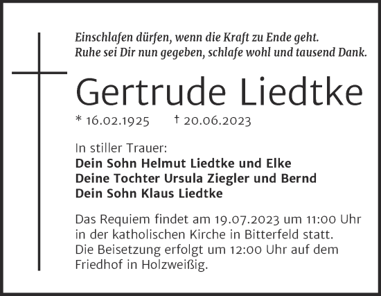 Traueranzeige von Gertrude Liedtke von Trauerkombi Bitterfeld