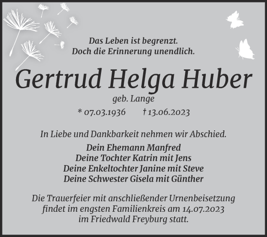 Traueranzeige von Gertrud Helga Huber von Mitteldeutsche Zeitung Halle/Saalkreis