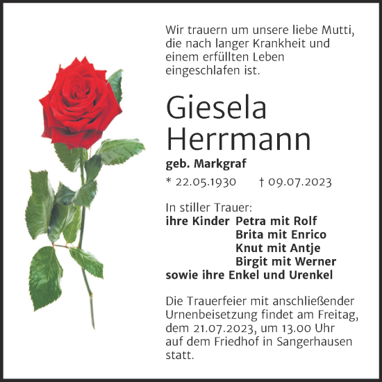 Traueranzeige von Giesela Herrmann von Trauerkombi Sangerhausen