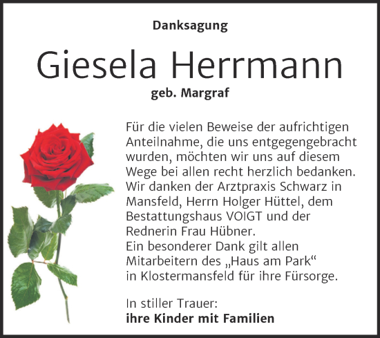 Traueranzeige von Giesela Herrmann von Trauerkombi Mansfelder Land