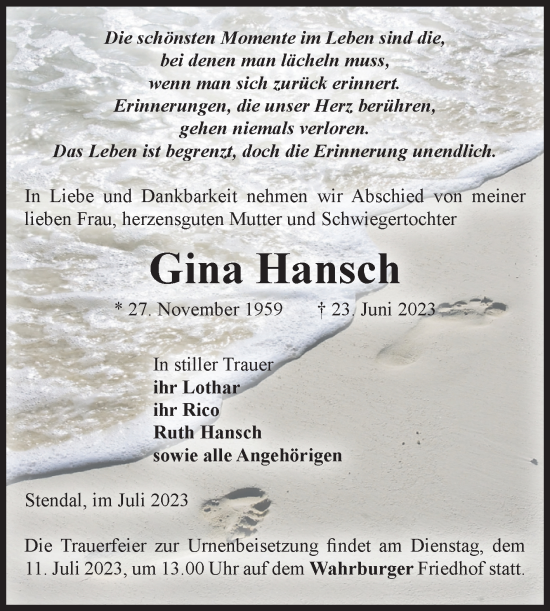 Traueranzeige von Gina Hansch von Volksstimme Altmark Ost