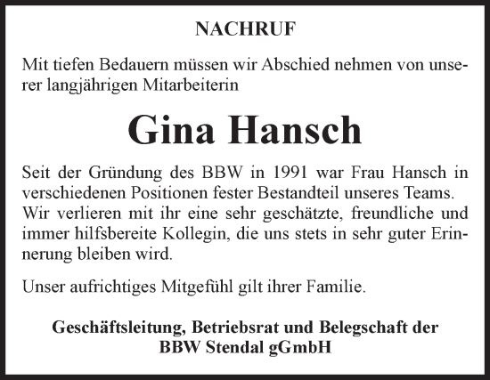 Traueranzeige von Gina Hansch 