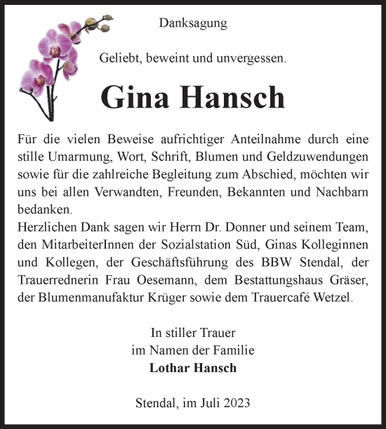 Traueranzeige von Gina Hansch von Volksstimme Altmark Ost