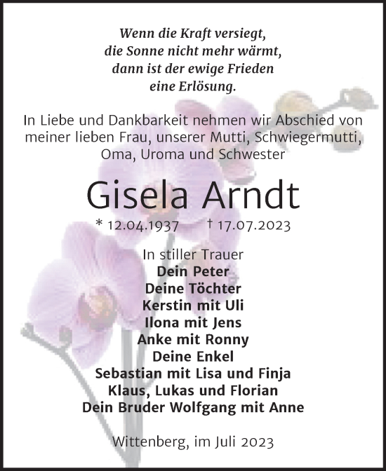 Traueranzeige von Gisela Arndt von Trauerkombi Wittenberg
