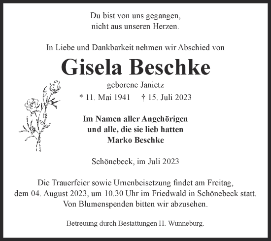 Traueranzeige von Gisela Beschke von Volksstimme Schönebeck