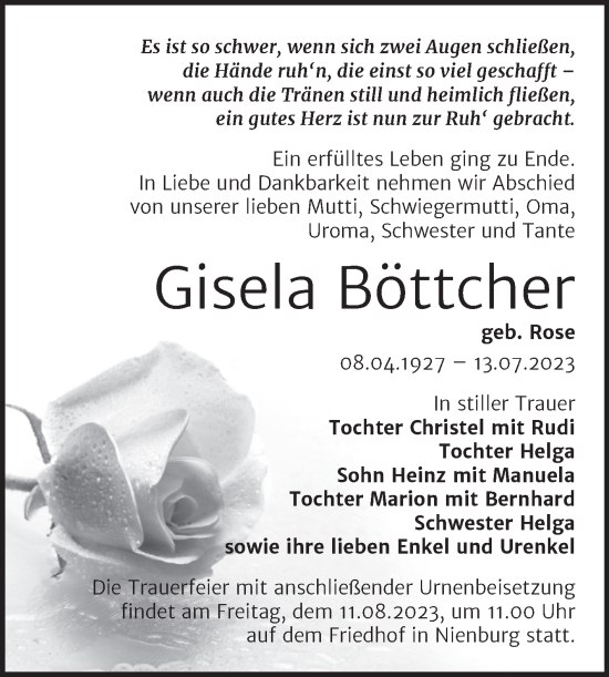 Traueranzeige von Gisela Böttcher von Trauerkombi Bernburg