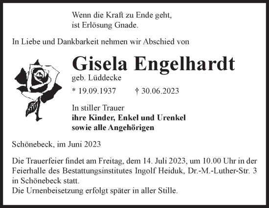 Traueranzeige von Gisela Engelhardt von Volksstimme Schönebeck