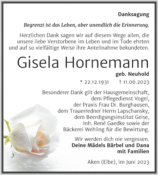 Traueranzeige von Gisela Hornemann von Trauerkombi Köthen