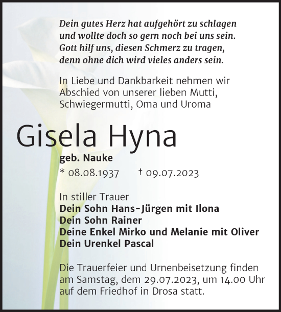 Traueranzeige von Gisela Hyna von Trauerkombi Köthen