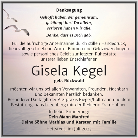 Traueranzeige von Gisela Kegel von Trauerkombi Mansfelder Land
