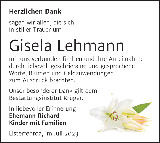 Traueranzeige von Gisela Lehmann von Trauerkombi Wittenberg