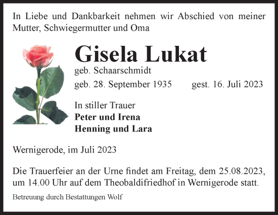 Traueranzeige von Gisela Lukat von Volksstimme Wernigerode