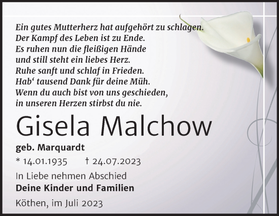 Traueranzeige von Gisela Malchow von Trauerkombi Köthen