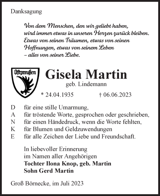 Traueranzeige von Gisela Martin von Volksstimme Staßfurt