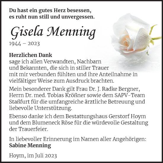 Traueranzeige von Gisela Menning von Trauerkombi Aschersleben