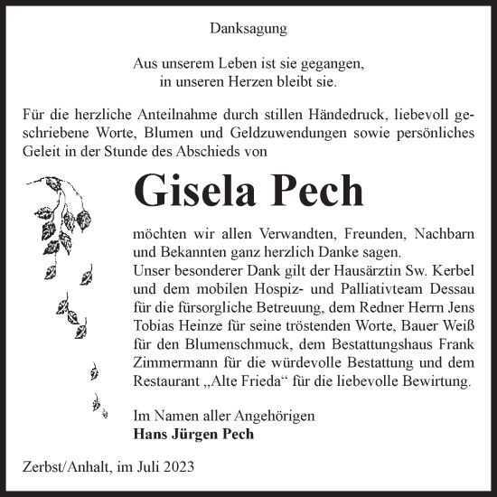 Traueranzeige von Gisela Pech von Volksstimme Zerbst