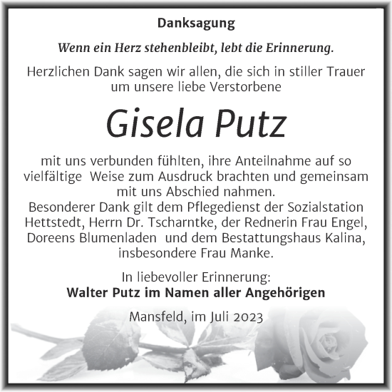 Traueranzeige von Gisela Putz von Trauerkombi Mansfelder Land