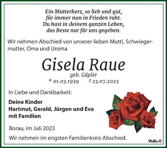 Traueranzeige von Gisela Raue von Trauerkombi Weißenfels
