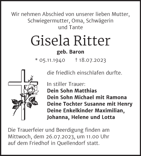 Traueranzeige von Gisela Ritter von Mitteldeutsche Zeitung Köthen