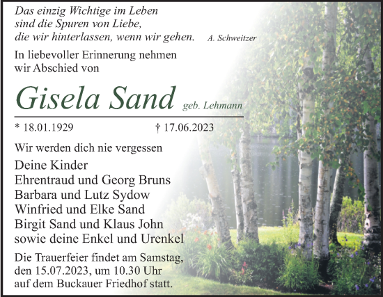 Traueranzeige von Gisela Sand von Volksstimme Magdeburg