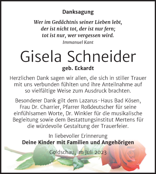 Traueranzeige von Gisela Schneider von Trauerkombi Zeitz